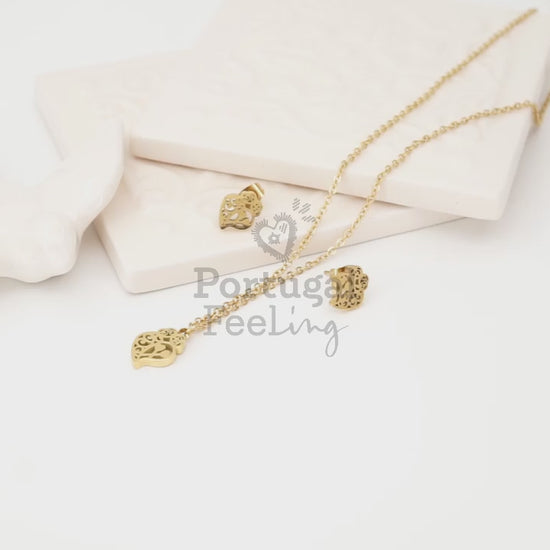 Conjunto Coração de Viana Mini, Brincos e Colar, Inspirados na Filigrana Portuguesa, Aço Inoxidável Dourado - Vídeo