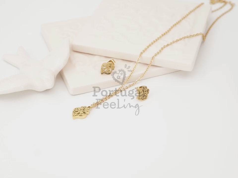 Conjunto Coração de Viana Mini, Brincos e Colar, Inspirados na Filigrana Portuguesa, Aço Inoxidável Dourado - Vídeo
