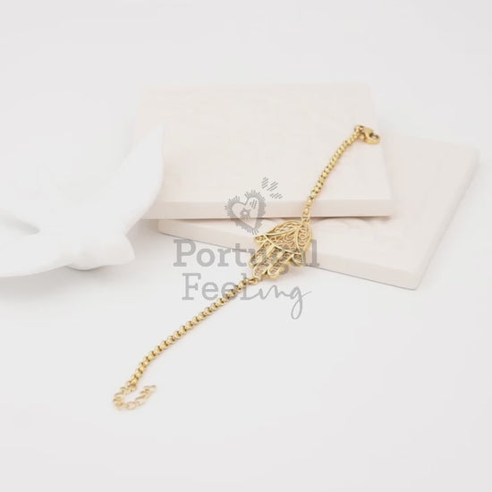 Pulseira Mão de Fátima, Inspirado na Filigrana Portuguesa, Aço Inoxidável Dourado - Vídeo
