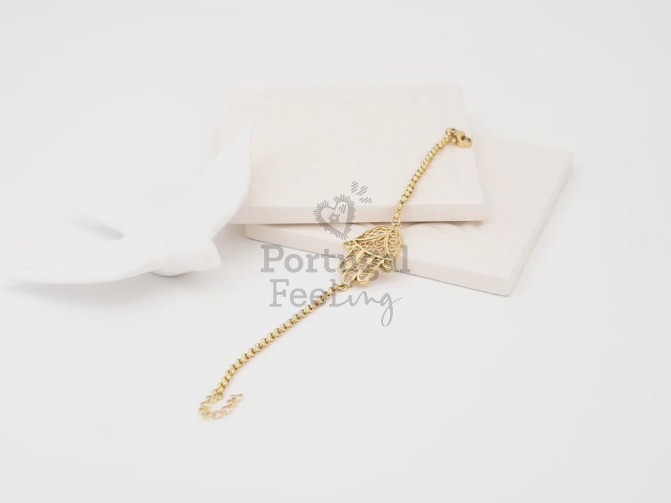 Pulseira Mão de Fátima, Inspirado na Filigrana Portuguesa, Aço Inoxidável Dourado - Vídeo