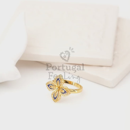 Anel Flor com Pormenores Azuis, Inspirado na Filigrana Portuguesa, Aço Inoxidável Dourado - Vídeo