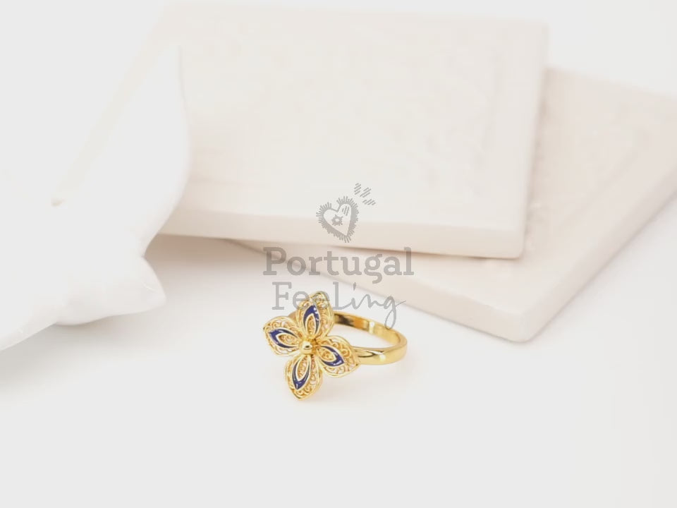 Anel Flor com Pormenores Azuis, Inspirado na Filigrana Portuguesa, Aço Inoxidável Dourado - Vídeo