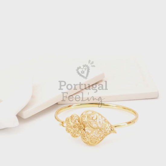 Pulseira Escrava Coração de Viana, Inspirado na Filigrana Portuguesa, Aço Inoxidável Dourado - Vídeo