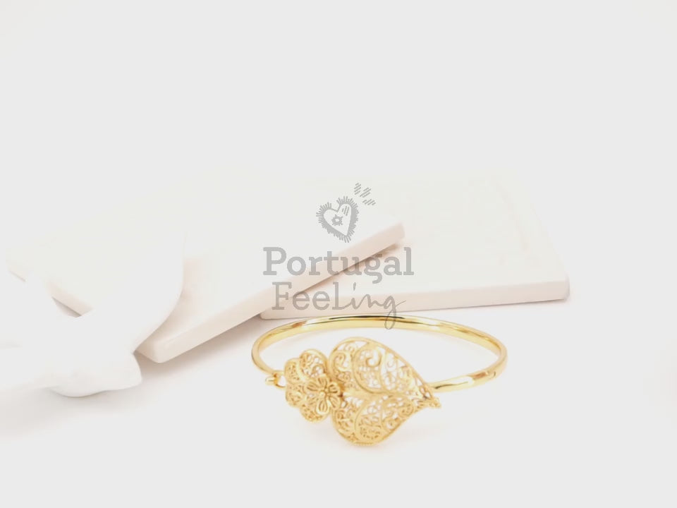 Pulseira Escrava Coração de Viana, Inspirado na Filigrana Portuguesa, Aço Inoxidável Dourado - Vídeo