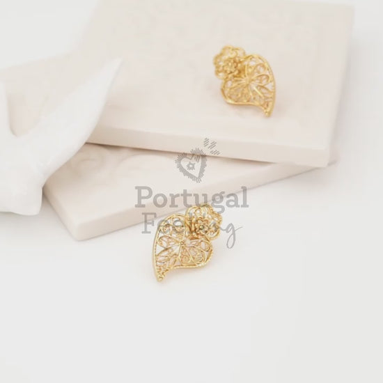 Brincos Tradicionais Coração de Viana de Tornilho, Inspirados na Filigrana Portuguesa, Aço Inoxidável Dourado - Vídeo