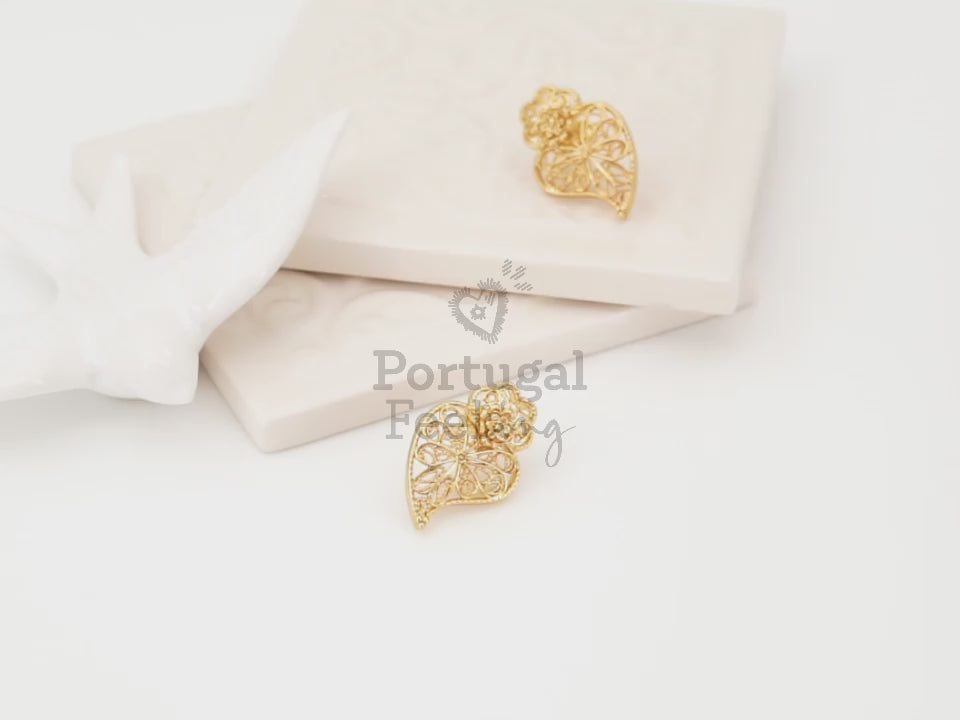 Brincos Tradicionais Coração de Viana de Tornilho, Inspirados na Filigrana Portuguesa, Aço Inoxidável Dourado - Vídeo