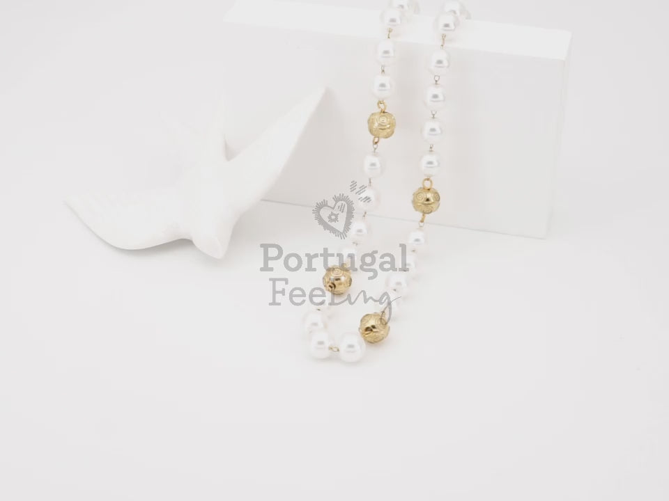 Colar Contas de Viana e Pérolas, Inspirado na Filigrana Portuguesa, Aço Inoxidável Dourado - Vídeo