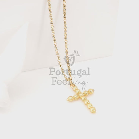 Colar Cruz Pequena Contas de Viana, Inspirado na Filigrana Portuguesa, Aço Inoxidável Dourado - Vídeo