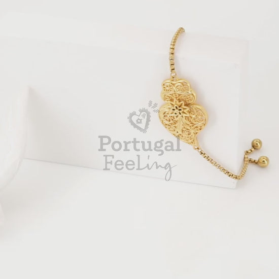 Pulseira Coração de Viana Tradicional, Inspirado na Filigrana Portuguesa, Aço Inoxidável Dourado - Vídeo