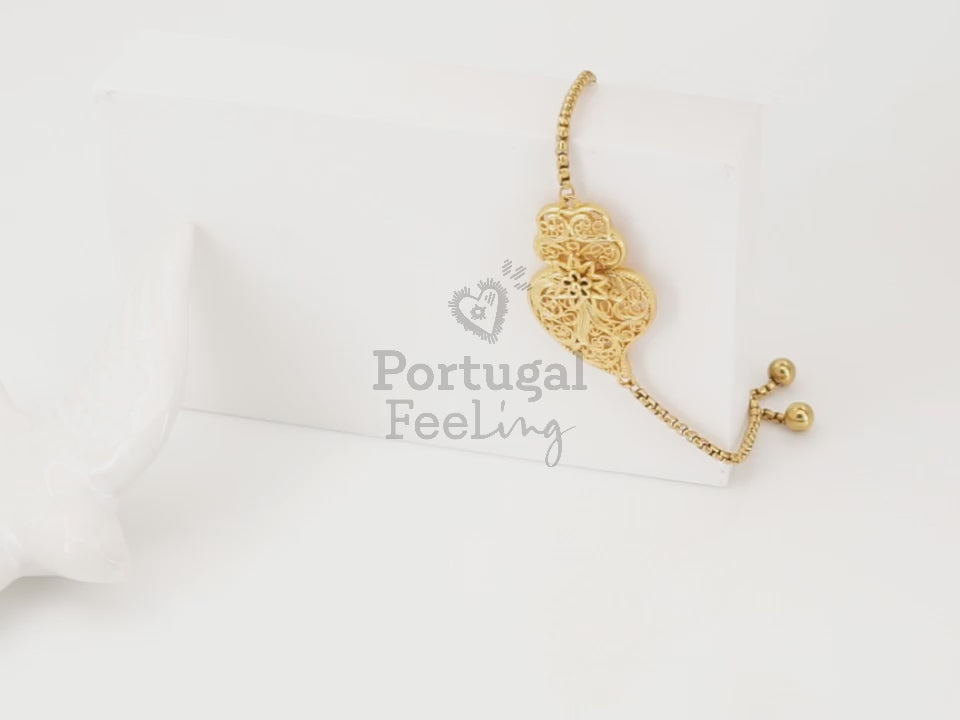 Pulseira Coração de Viana Tradicional, Inspirado na Filigrana Portuguesa, Aço Inoxidável Dourado - Vídeo