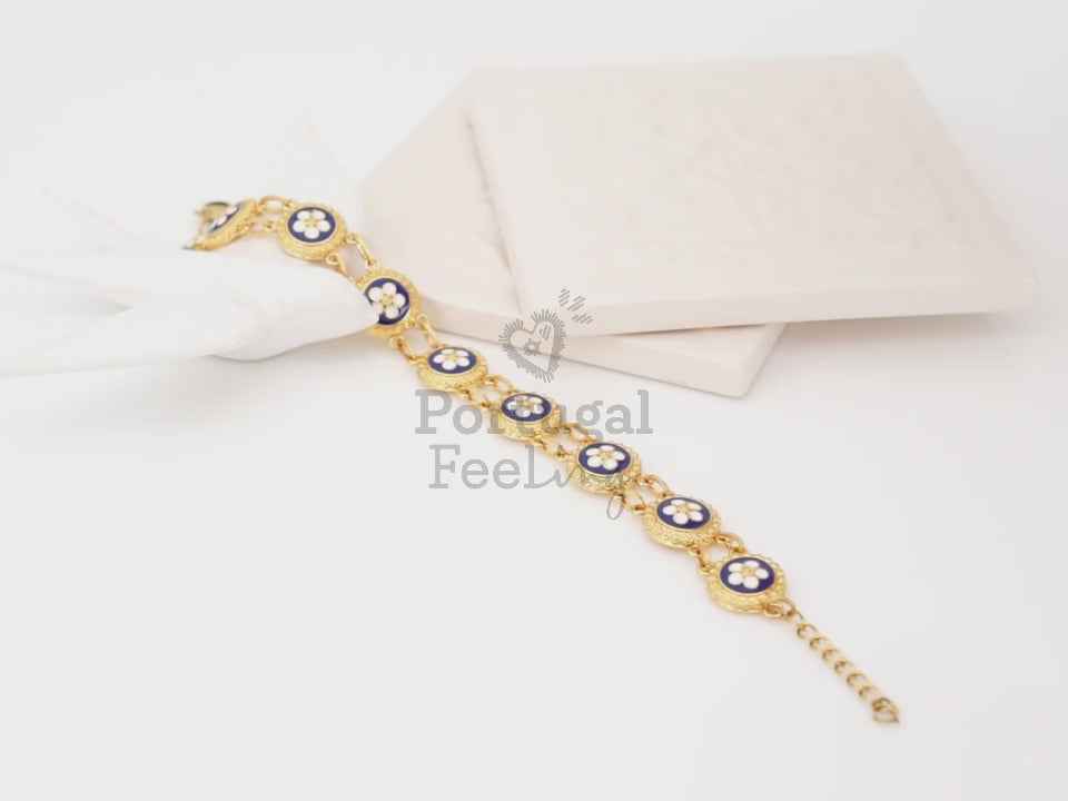 Pulseira Nove Caramujos Azuis, Inspirado na Filigrana Portuguesa, Aço Inoxidável Dourado - Vídeo