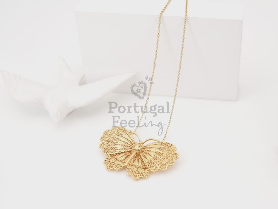 Colar Borboleta, Inspirado na Filigrana Portuguesa, Aço Inoxidável Dourado - Vídeo