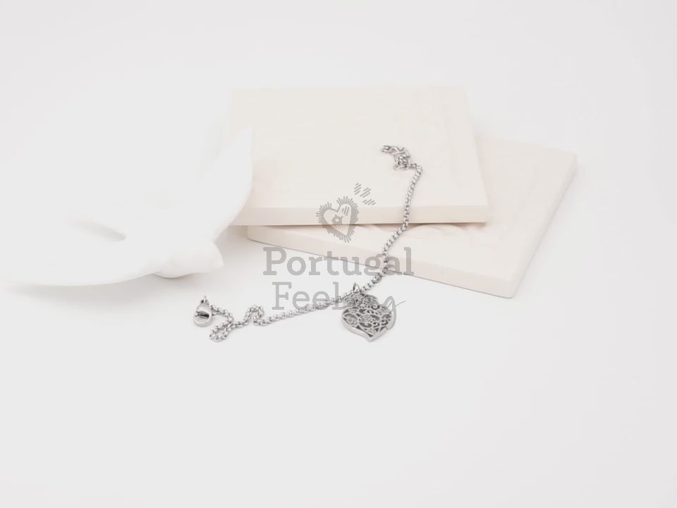 Pulseira Coração de Viana Estilizado, Inspirado na Filigrana Portuguesa, Aço Inoxidável - Vídeo