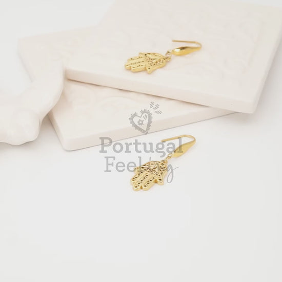 Brincos Mão de Fátima, Inspirados na Filigrana Portuguesa, Aço Inoxidável Dourado - Vídeo