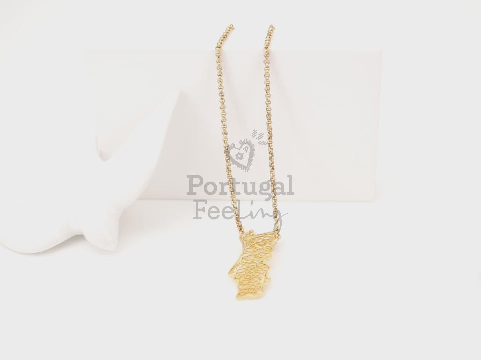 Colar Mapa de Portugal, Inspirado na Filigrana Portuguesa, Aço Inoxidável Dourado - Vídeo
