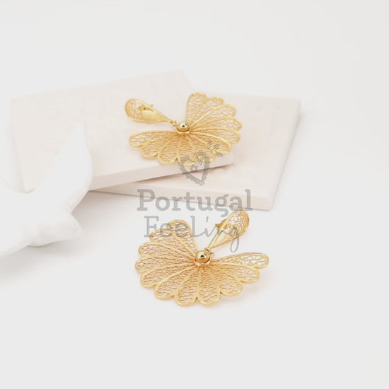 Brincos Tradicionais Grandes, Inspirados na Filigrana Portuguesa, Aço Inoxidável Dourado - Vídeo