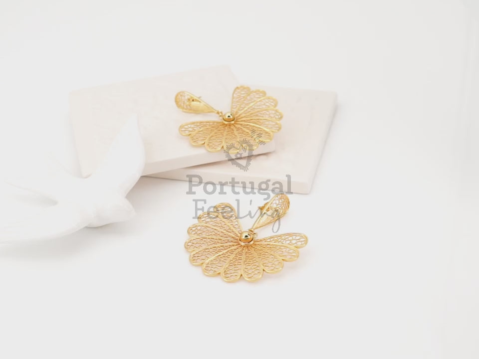 Brincos Tradicionais Grandes, Inspirados na Filigrana Portuguesa, Aço Inoxidável Dourado - Vídeo