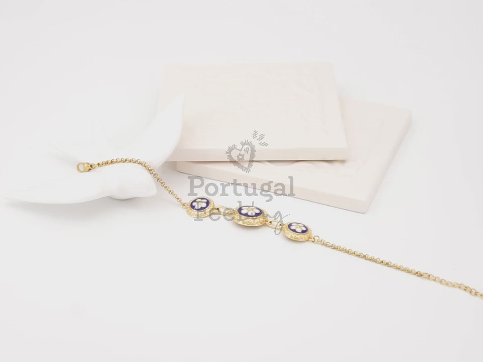 Pulseira Três Caramujos Azuis, Inspirado na Filigrana Portuguesa, Aço Inoxidável Dourado - Vídeo
