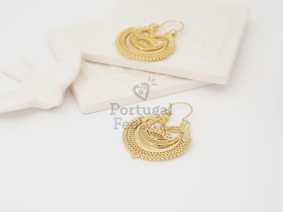 Brincos Arrecadas, Inspirados na Filigrana Portuguesa, Aço Inoxidável Dourado - Vídeo