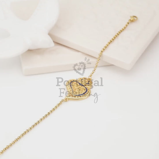 Pulseira Coração de Viana Tradicional com Pormenores Azuis, Inspirado na Filigrana Portuguesa, Aço Inoxidável Dourado - Vídeo