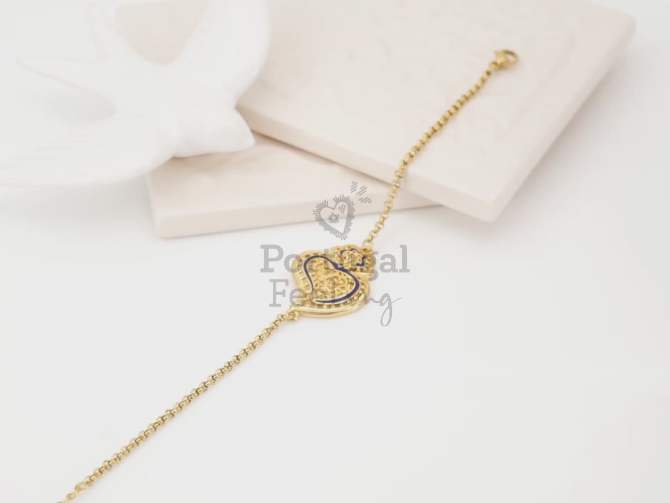 Pulseira Coração de Viana Tradicional com Pormenores Azuis, Inspirado na Filigrana Portuguesa, Aço Inoxidável Dourado - Vídeo