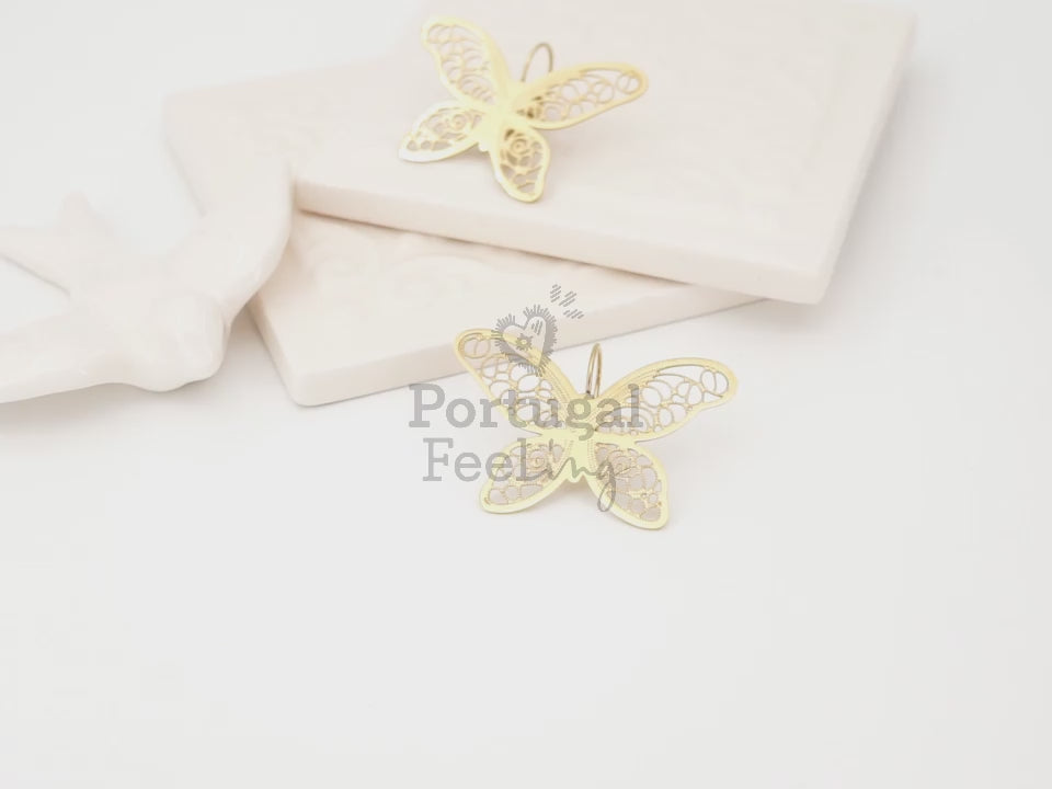 Brincos Borboletas Grandes, Inspirados na Filigrana Portuguesa, Aço Inoxidável Dourado - Vídeo