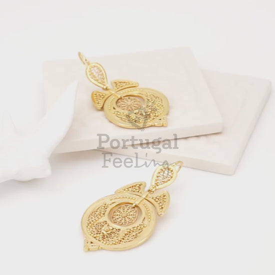 Brincos Vianesas Grandes, Inspirados na Filigrana Portuguesa, Aço Inoxidável Dourado - Vídeo