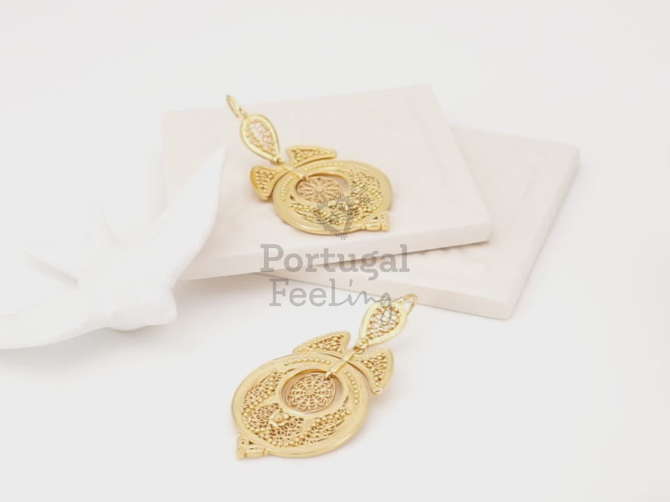 Brincos Vianesas Grandes, Inspirados na Filigrana Portuguesa, Aço Inoxidável Dourado - Vídeo