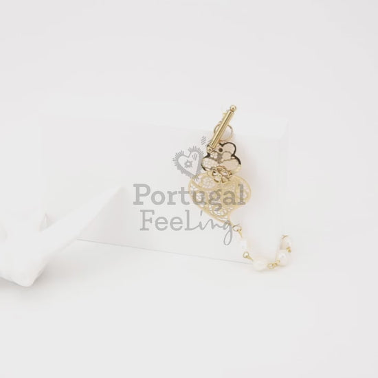 Pulseira Coração de Viana e Pérolas, Inspirado na Filigrana Portuguesa, Aço Inoxidável Dourado - Vídeo