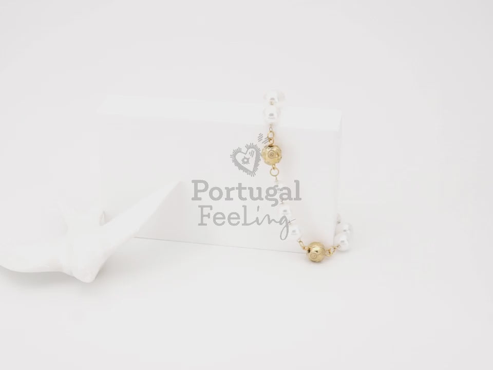 Pulseira Contas de Viana e Pérolas, Inspirado na Filigrana Portuguesa, Aço Inoxidável Dourado - Vídeo
