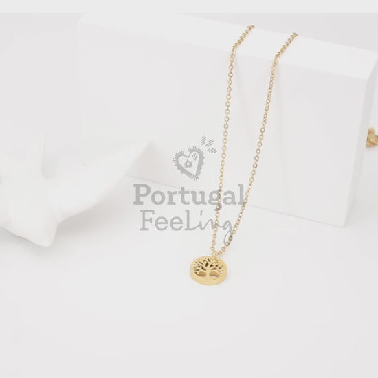 Colar com Árvore da Vida Pequena, Inspirado na Filigrana Portuguesa, Aço Inoxidável Dourado - Vídeo