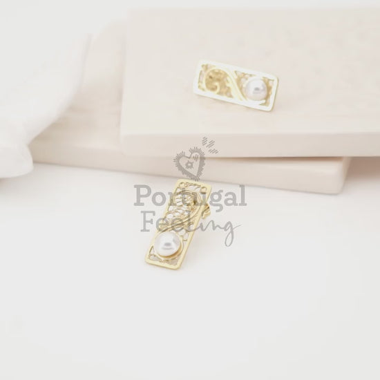 Brincos Rectângulos com Meias-Pérolas, Inspirados na Filigrana Portuguesa, Aço Inoxidável Dourado - Vídeos