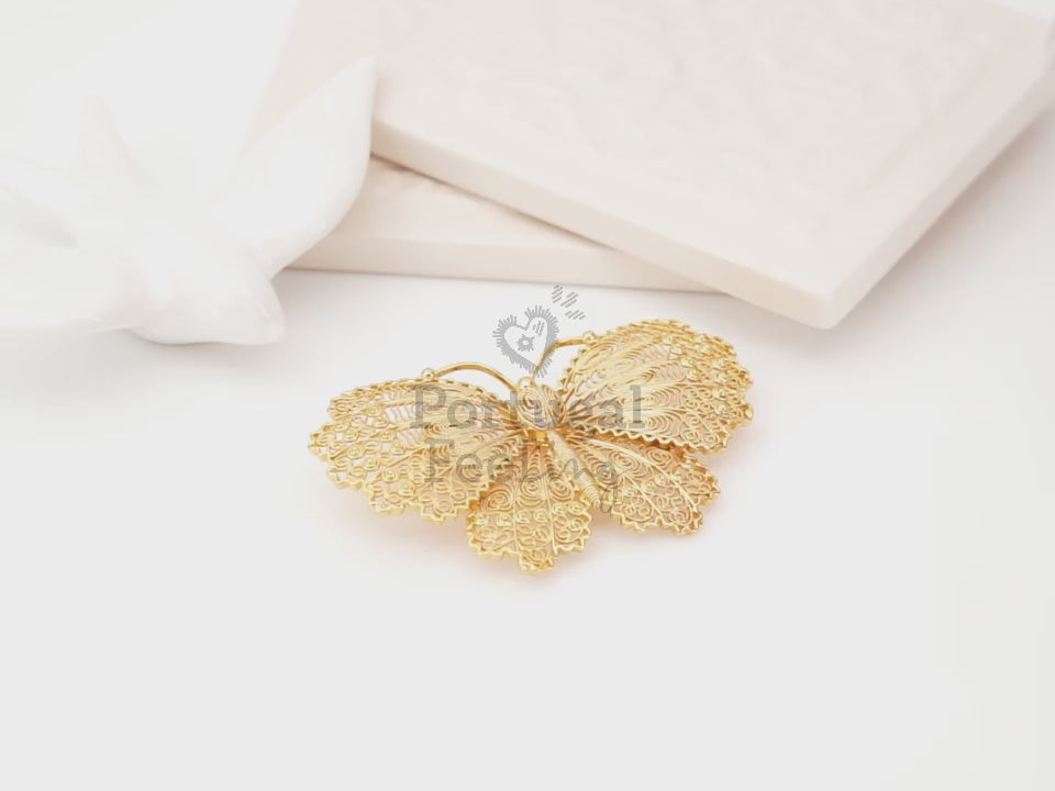 Alfinete Borboleta Grande, Inspirado na Filigrana Portuguesa, Aço Inoxidável Dourado - Vídeo