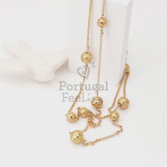 Colar Comprido Contas de Viana Grandes, Inspirado na Filigrana Portuguesa, Aço Inoxidável Dourado - Vídeo