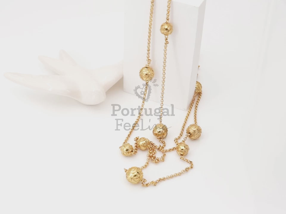 Colar Comprido Contas de Viana Grandes, Inspirado na Filigrana Portuguesa, Aço Inoxidável Dourado - Vídeo