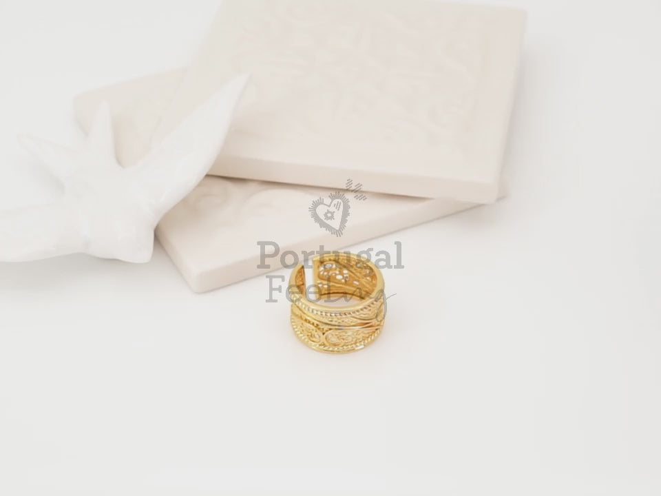 Anel Tradicional Viana, Inspirado na Filigrana Portuguesa, Aço Inoxidável Dourado - Vídeo