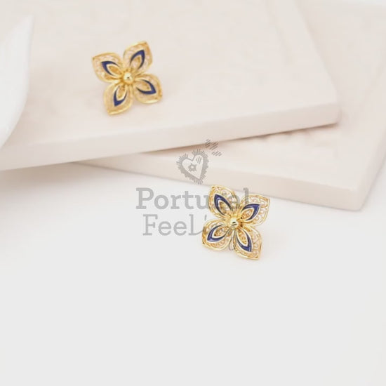 Brincos Flores com Pormenores Azuis, Inspirados na Filigrana Portuguesa, Aço Inoxidável Dourado - Vídeo