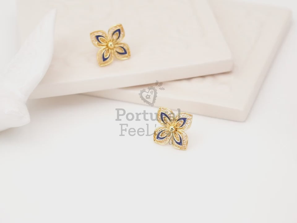 Brincos Flores com Pormenores Azuis, Inspirados na Filigrana Portuguesa, Aço Inoxidável Dourado - Vídeo