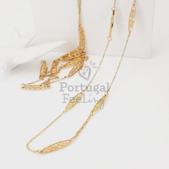 Colar Trancelim Comprido, Inspirado na Filigrana Portuguesa, Aço Inoxidável Dourado - Vídeo