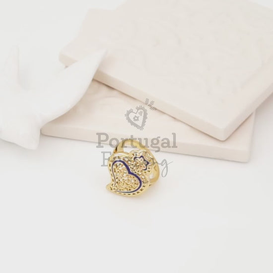 Anel Coração de Viana Tradicional com Pormenores Azuis, Inspirado na Filigrana Portuguesa, Aço Inoxidável Dourado - Vídeo