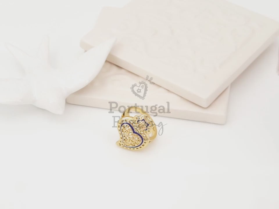 Anel Coração de Viana Tradicional com Pormenores Azuis, Inspirado na Filigrana Portuguesa, Aço Inoxidável Dourado - Vídeo